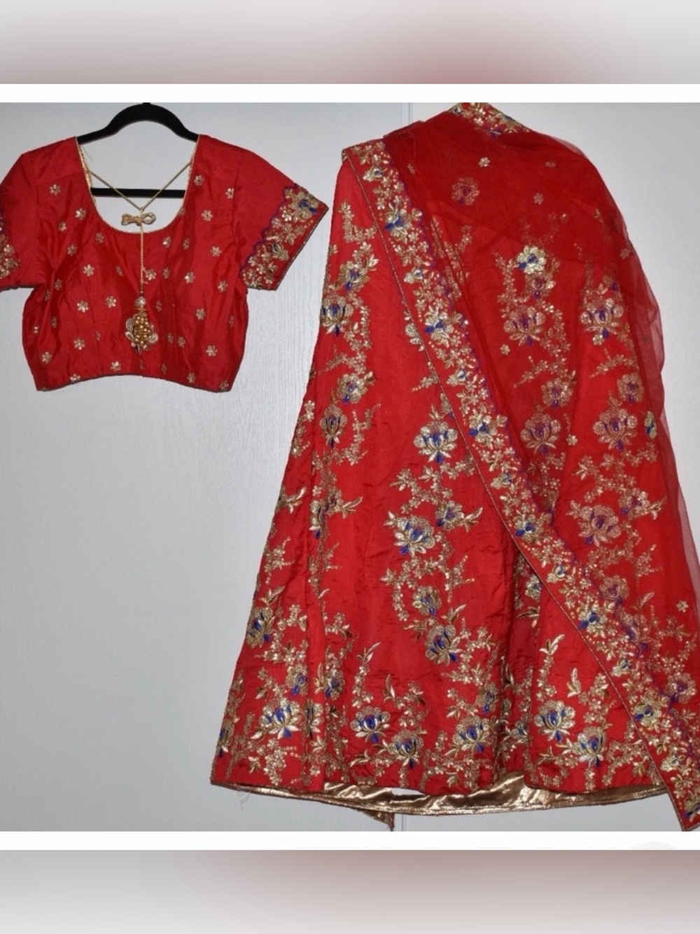 Designer Lehenga skirt , Choli top & Dupatta Matching Set - Red with gold tassel